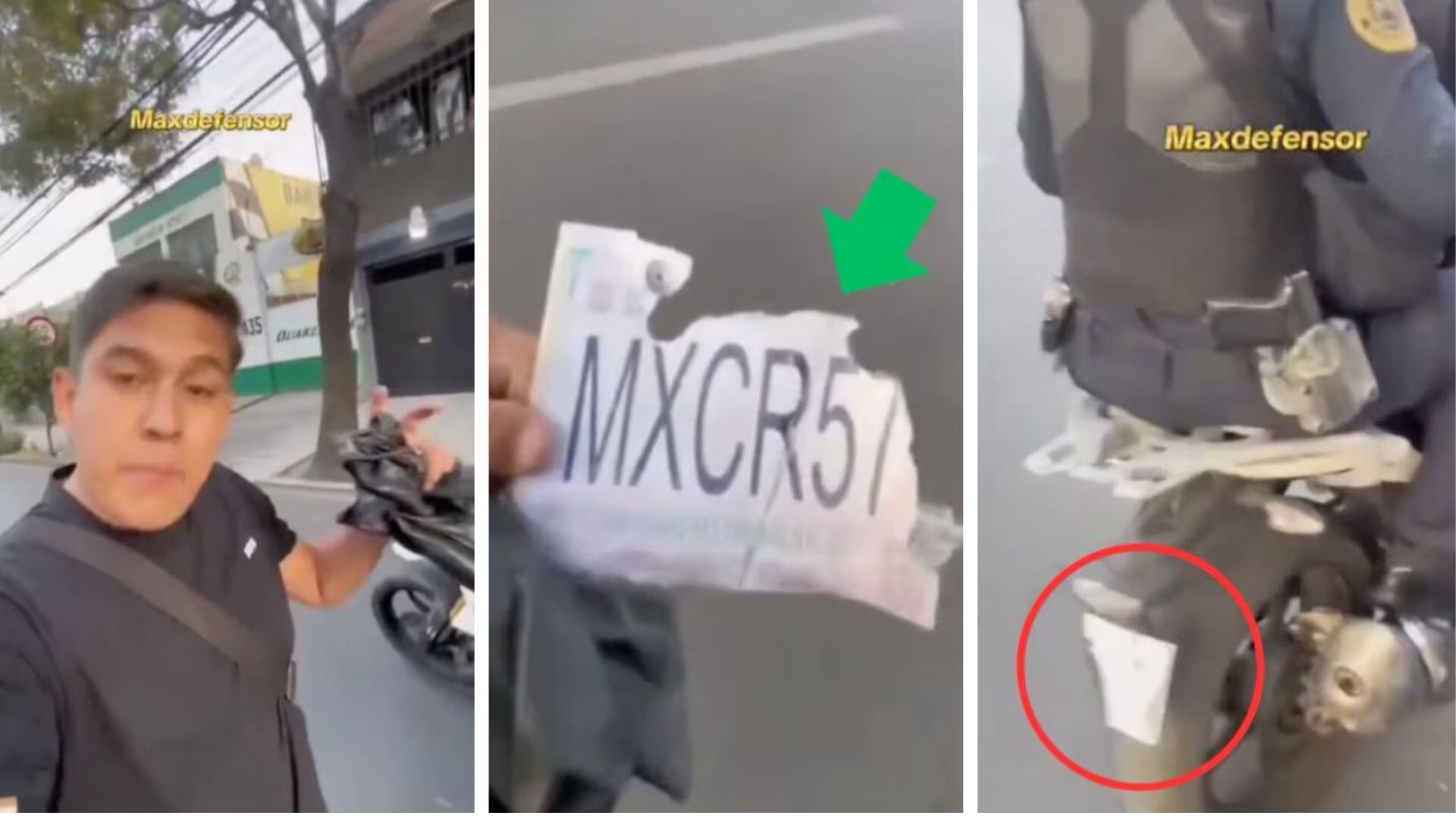 El video viral grabado por el tiktoker @maxdefensor reveló cómo dos elementos de la SSC-CDMX usaban una placa cubierta con plástico negro mientras detenían a un motociclista.(Tiktok / @maxdefensor)