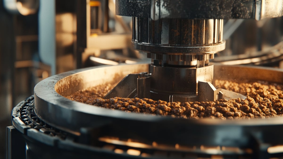Una fábrica de galletas en plena operación, mostrando el proceso de horneado y producción en una línea industrial.