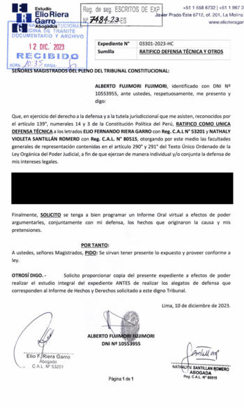 Escrito del exdictador Alberto Fujimori