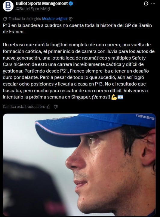 El mensaje de apoyo de la agencia de Franco Colapinto tras su actuación en Sepang