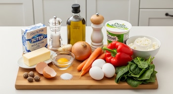 Manteca, huevo, cáscaras, sal, nuez moscada, zanahorias, cebolla, ajo, huevos, espinaca, pimiento rojo, ricota, crema agria, aceite, salero, pimentero.