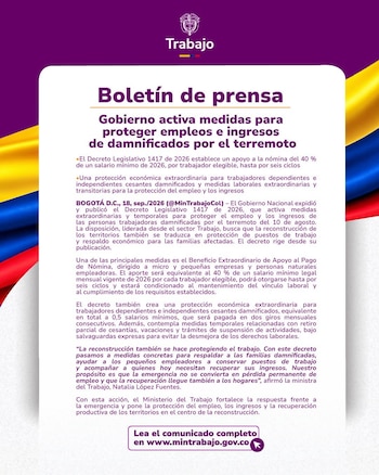 La ayuda al pago de nómina será recibida por el empleador y dependerá de que la empresa mantenga vigente el contrato de cada trabajador postulado - crédito @MintrabajoCol/X