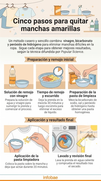 Infografía con ilustraciones de recipientes con vinagre, bicarbonato, sal, una camiseta manchada, una lavadora y ropa colgada al sol.