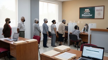 Interior de Módulo de Bienestar en México. Personas adultas hacen fila y son atendidas en ventanillas. Logos del Gobierno de México y Banco del Bienestar en pared.