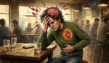 Ilustración de un hombre con suéter verde sentado en un bar, sujetándose la cabeza con dolor mientras rayos rojos emanan de su cerebro y un corazón irradia en su pecho