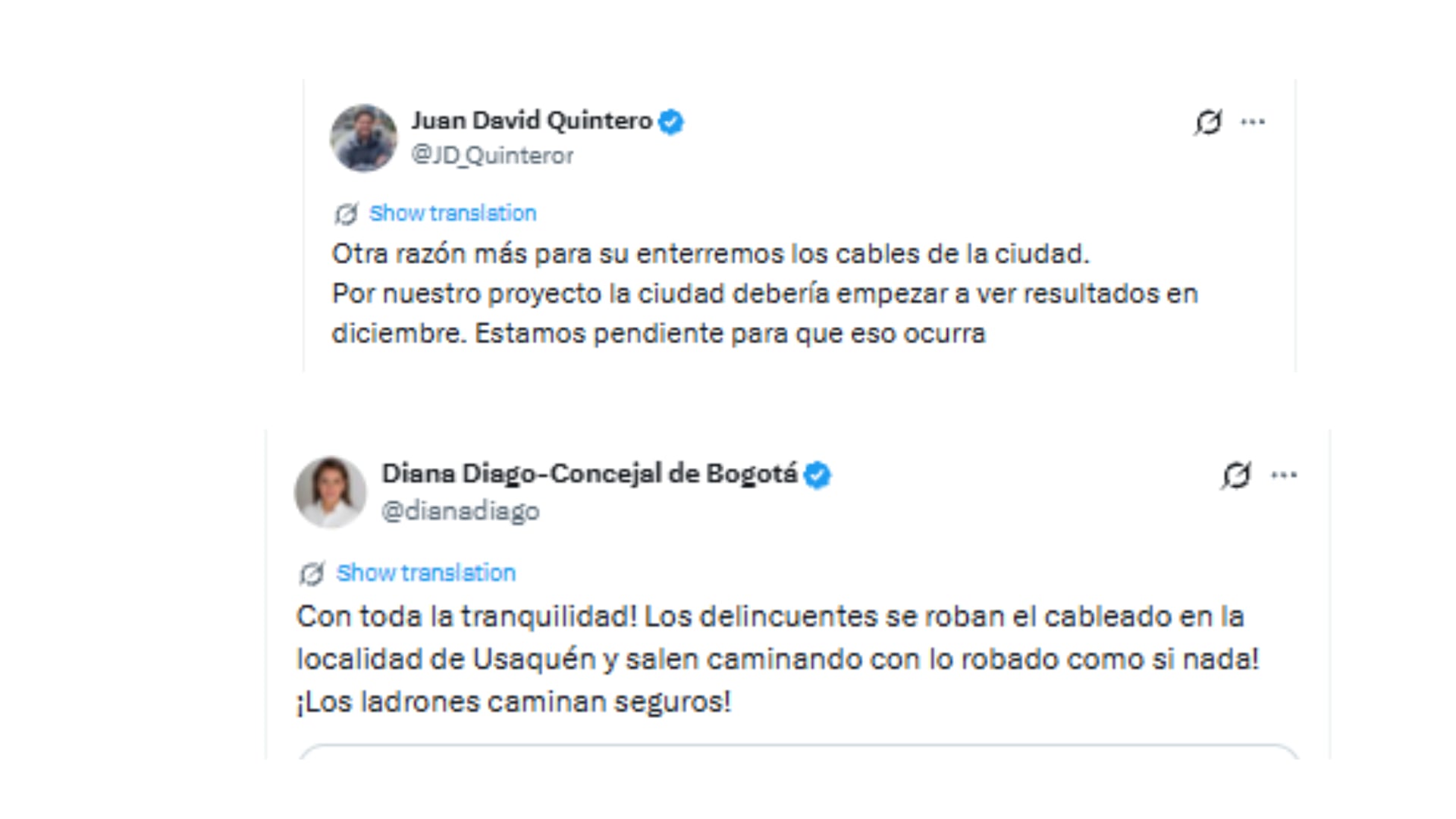 Concejales pidieron enterrar cables en Bogotá para eviatr hurtos - crédito @JD_Quinteror/X - @dianadiago/X