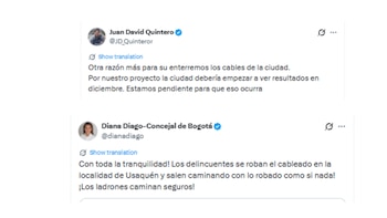 Concejales pidieron enterrar cables en Bogotá para eviatr hurtos - crédito @JD_Quinteror/X - @dianadiago/X