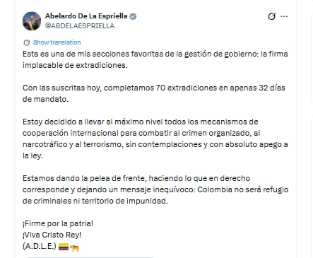 Este fue el mensaje de Abelardo de la Espriella sobre la suma de extradiciones que ha logrado en un mes de gobierno - crédito @ABDELAESPRIELLA/X