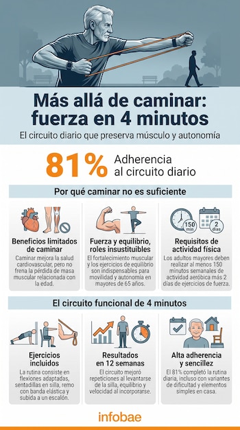 Infografía con una ilustración de un hombre ejercitándose con banda elástica, esquemas de rutina e íconos informativos sobre actividad física.