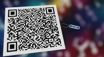 Un código QR blanco y negro en primer plano, con una pequeña bacteria filamentosa a su derecha sobre un fondo difuminado de luces multicolor.