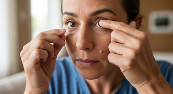 Primer plano de una mujer adulta de tez morena colocándose una lente de contacto transparente en el ojo izquierdo con ambas manos, mirando hacia adelante.