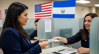 Una mujer recibe dinero en efectivo, billetes de dólares estadounidenses, de un cajero de banco. Las banderas de Estados Unidos y El Salvador se ven al fondo.