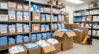 Un almacén con anaqueles repletos de cajas de batas médicas, kits de EPP y trajes de aislamiento. Varias cajas están en el suelo junto a un transpaleta.