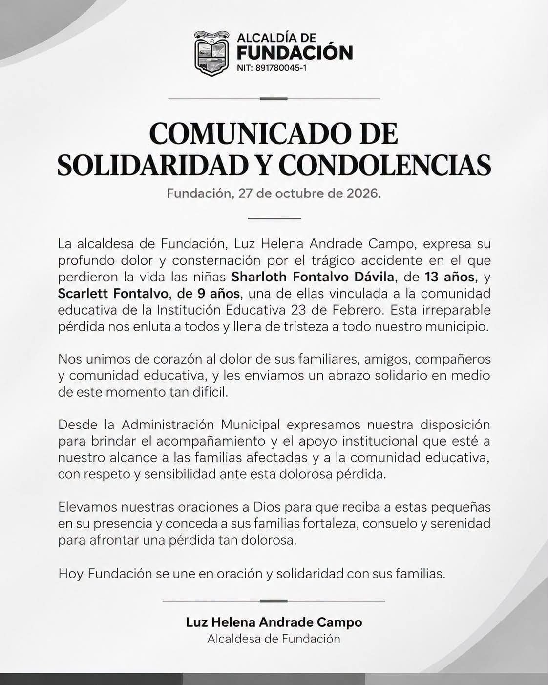 La alcaldesa Luz Helena Andrade Campo expresó sus condolencias y ofreció acompañamiento institucional a las familias afectadas. - crédito Alcaldía de Fundación
