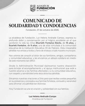 La alcaldesa Luz Helena Andrade Campo expresó sus condolencias y ofreció acompañamiento institucional a las familias afectadas. - crédito Alcaldía de Fundación