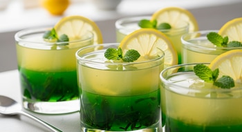 Seis vasos con postre de gelatina verde y amarilla, decorados con rodajas de limón y menta. Una cuchara metálica en primer plano.