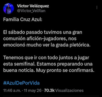 A través de sus redes sociales, el dueño de la Cooperativa destacó la gran unión que hubo entre jugadores y afición en la vuelta de los Cuartos de Final contra el Atlas y reveló que están preparando buenas noticias que se darán a conocer próximamente (captura de pantalla)