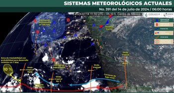 Mapa de los sistemas meteorológicos que influirán en el clima de México este domingo 14 de julio