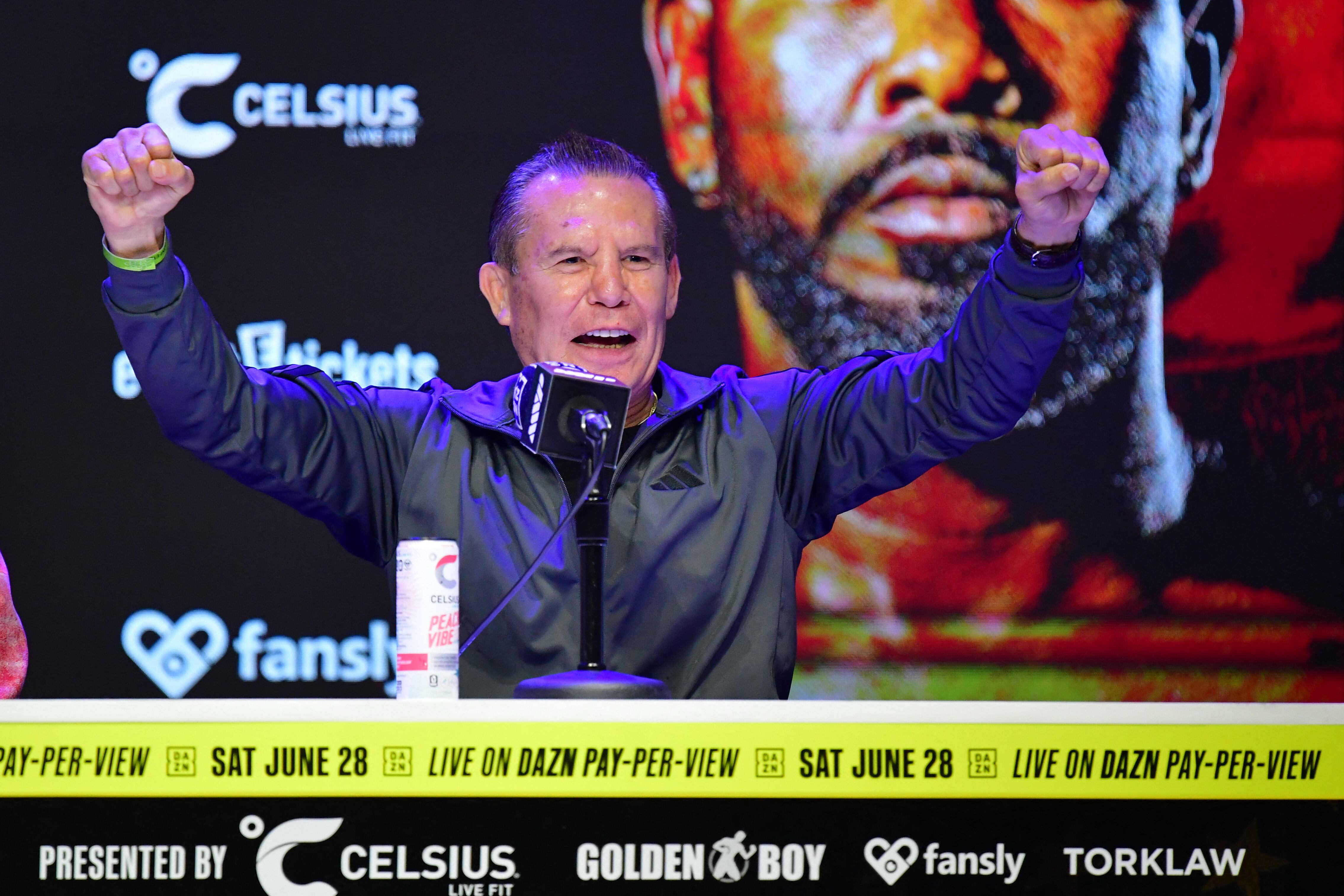 May 14, 2025; Los Angeles, California, USA; Julio Cesar Chavez, father of Julio Cesar Chavez Jr. reacts at Avalon Hollywood Theater. Mandatory Credit: Gary A. Vasquez-Imagn Images