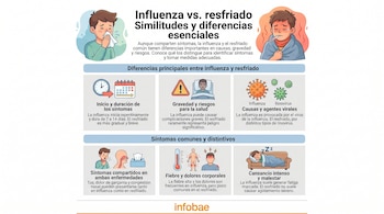 Infografía que compara la influenza y el resfriado común con ilustraciones de personas enfermas, virus (influenza, rinovirus), síntomas y cronogramas.