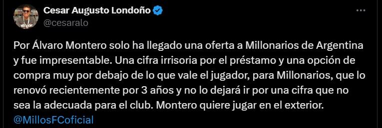 Al parecer, la primera oferta de Vélez Sarsfield a Millonarios por Álvaro Montero no fue considerable - crédito @cesaralo/X