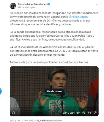 Claudia López ofrece recompensa de