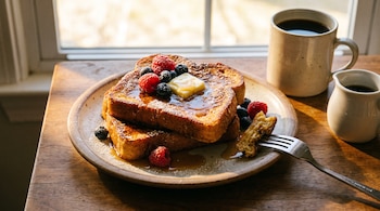 Dos tostadas francesas con sirope, mantequilla y frutos rojos en un plato. Hay un tenedor, una taza de café y una jarra sobre una mesa de madera cerca de una ventana.