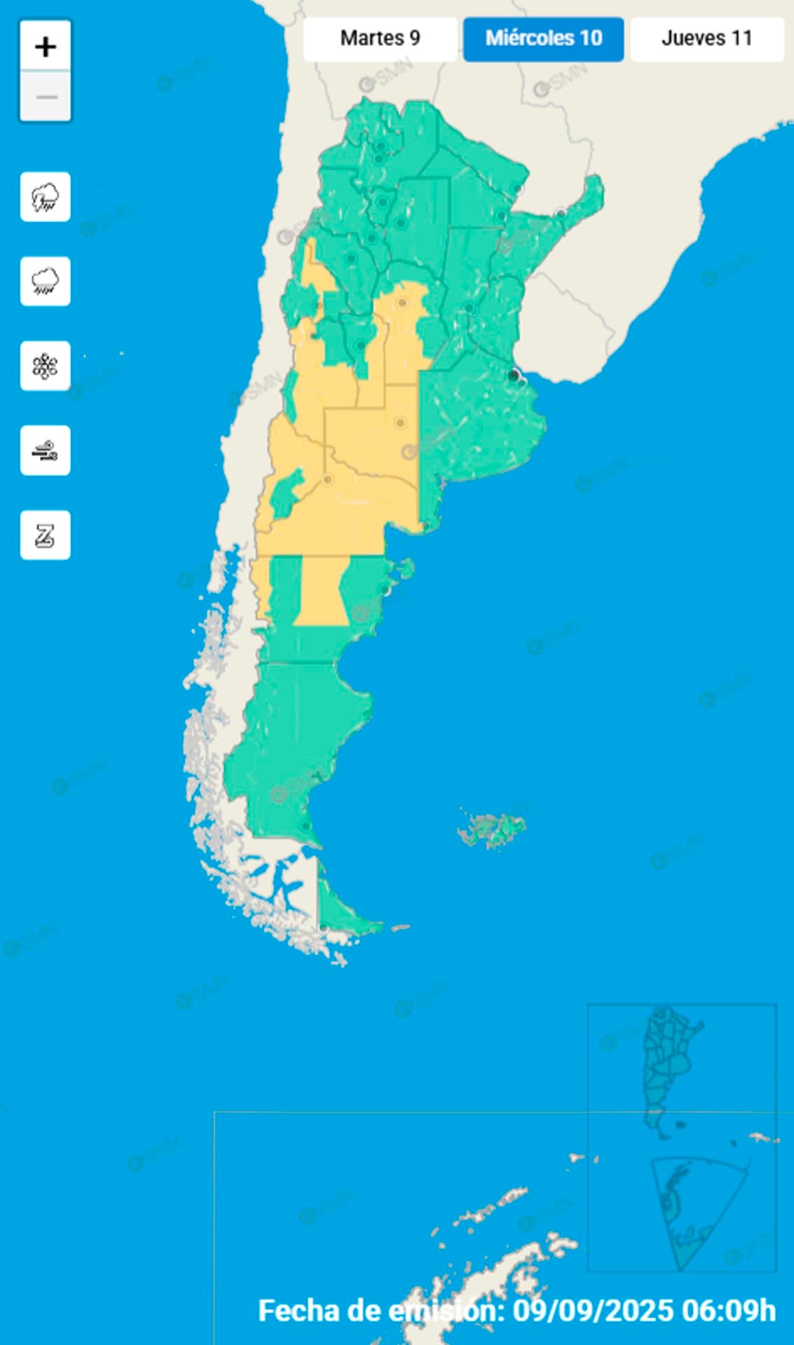 Para mañana, rige una extensa alerta amarilla por fuertes vientos en el centro del país.