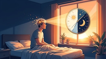 Ilustración de un hombre sentado en una cama mirando hacia una ventana que contiene un reloj dividido entre el día y la noche