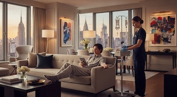 Hombre en un sofá recibiendo infusión intravenosa con vista al skyline de Nueva York. Enfermera en uniforme prepara equipo médico.