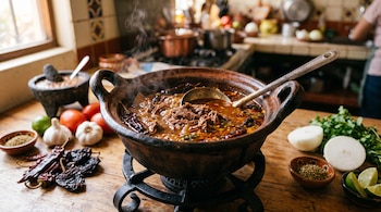 Una olla de barro con birria de res caliente, cucharón de metal, chiles secos, jitomates, cebolla, limones y molcajete sobre mesa de madera.