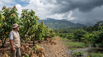 Un hombre con sombrero y chaleco está de pie en una plantación de cacao. El suelo muestra sequía con grietas y una zona anegada. Hay montañas y lluvia intensa al fondo.