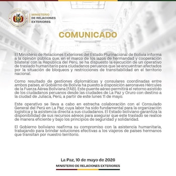 Bolivia habilita desde hoy un “puente aéreo” para evacuar a más de 400 peruanos varados por bloqueos en protestas sociales.
