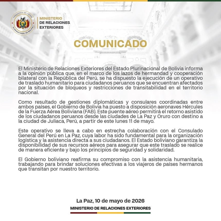Bolivia habilita desde hoy un “puente aéreo” para evacuar a más de 400 peruanos varados por bloqueos en protestas sociales.