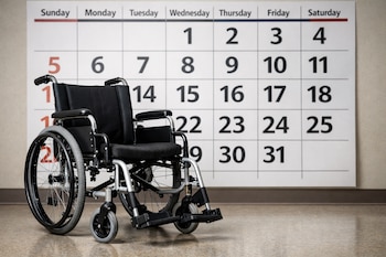 Una silla de ruedas manual negra y plateada está estacionada sobre un suelo brillante, con un gran calendario mensual en la pared de fondo.