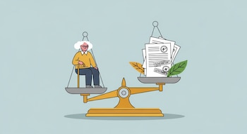 Ilustración de una balanza desequilibrada: a la izquierda, una persona mayor con bastón sentada; a la derecha, una pila de documentos sellados.