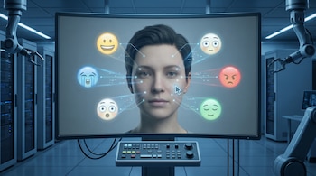 Pantalla con un rostro neutro conectado a seis emoticonos mediante líneas brillantes, en una sala con servidores y brazos mecánicos.