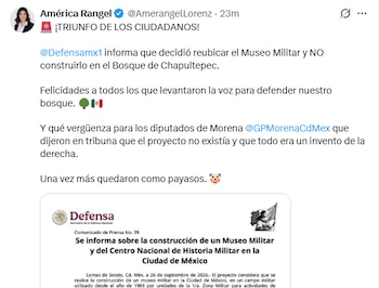 Mensaje de América Rangel tras la decisión de la Defensa. Crédito: X