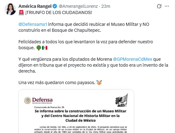 Mensaje de América Rangel tras la decisión de la Defensa. Crédito: X
