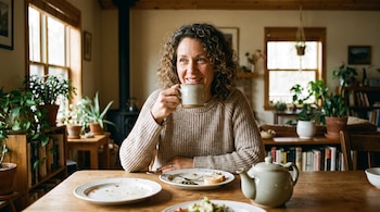 Mujer de cabello rizado con suéter beige sentada a una mesa de madera, bebiendo de una taza, con platos vacíos, tetera, plantas y estantes al fondo.