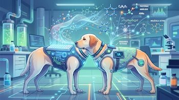 Dos perros con chalecos cibernéticos junto a diagramas moleculares e interfaces digitales en un laboratorio.