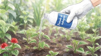 Mano enguantada blanca vierte líquido transparente de una botella de peróxido de hidrógeno en tierra con varias plantas verdes jóvenes y dos flores rojas.