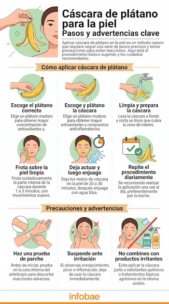 Infografía con ilustraciones explicativas sobre los pasos y precauciones para el uso de la cáscara de plátano en la piel.