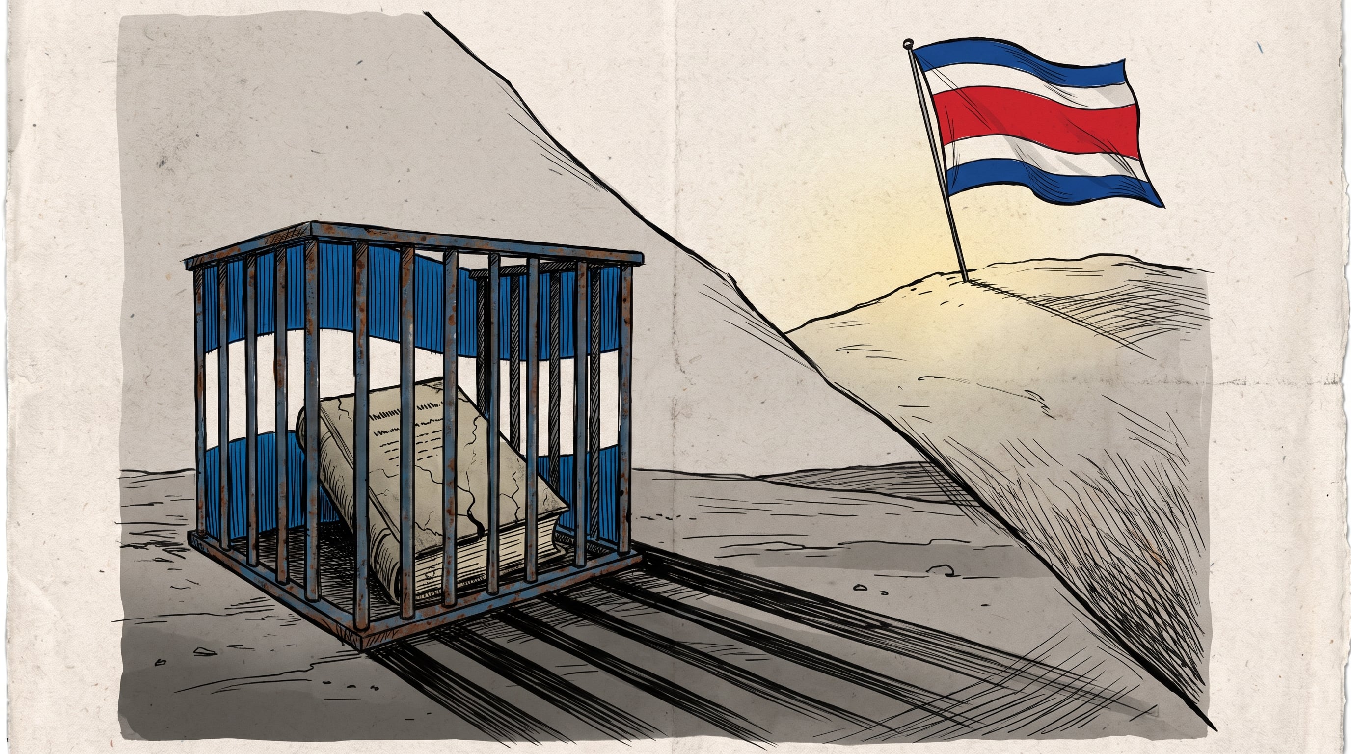 Una caricatura editorial ilustra la tensión democrática en Nicaragua mediante un libro aprisionado tras la bandera nacional junto a la frontera de Costa Rica. (Imagen Ilustrativa Infobae)