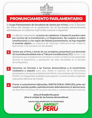 Documento oficial con el logotipo del Congreso del Perú y cuatro puntos numerados sobre un fondo blanco con detalles rojos y verdes