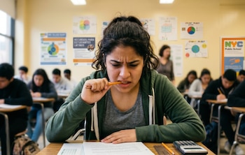 Una estudiante con sudadera verde muerde un lápiz mientras se concentra en un examen en un aula. Otros alumnos y carteles educativos se ven al fondo