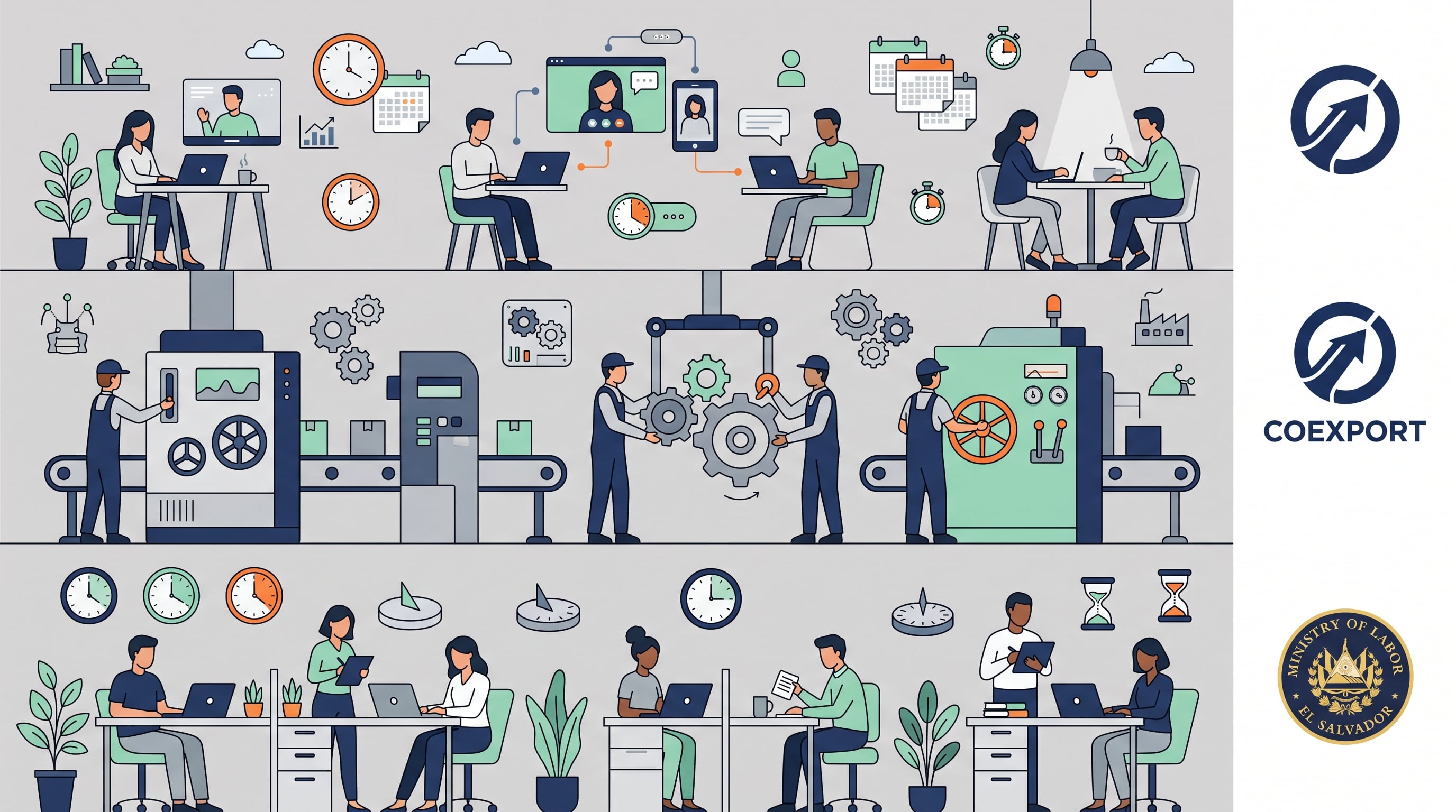 Diversas modalidades de trabajo remoto, industrial y presencial representan la organización laboral junto a los distintivos de COEXPORT y del Ministerio de Trabajo de El Salvador. (Imagen Ilustrativa Infobae)