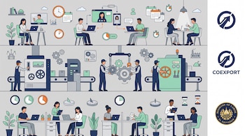 Ilustración dividida en tres secciones con personas en teletrabajo, una fábrica y una oficina, junto a logotipos de COEXPORT y de El Salvador.