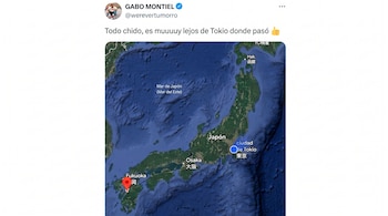 Mapa satelital de Japón con ciudades Fukuoka, Osaka, Tokio y Hakodate. Un pin rojo señala Fukuoka y un círculo azul marca Tokio. Mar de Japón visible.