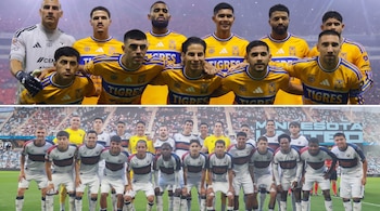 Collage con dos fotografías de alineaciones titulares de equipos de fútbol posando en el campo de juego con sus uniformes oficiales.